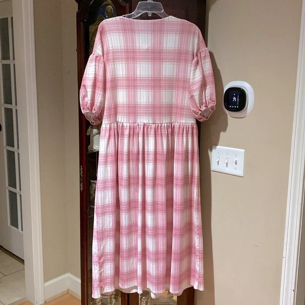 ASOS DESIGN Pink  Plaid Curve Puff Sleeve Tie Front Maxi Dress Size 14 - Picture 6 of 11